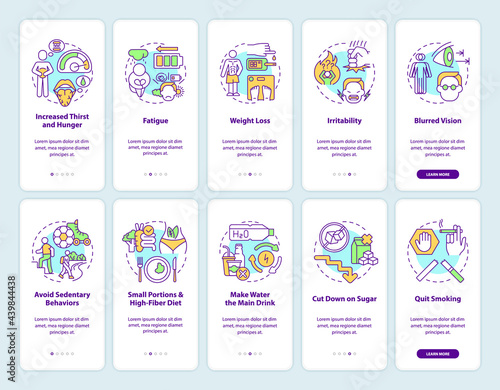 Diabetes onboarding mobile app page screen set. Special meal ingredients walkthrough 5 steps graphic instructions with concepts. UI, UX, GUI vector template with linear color illustrations