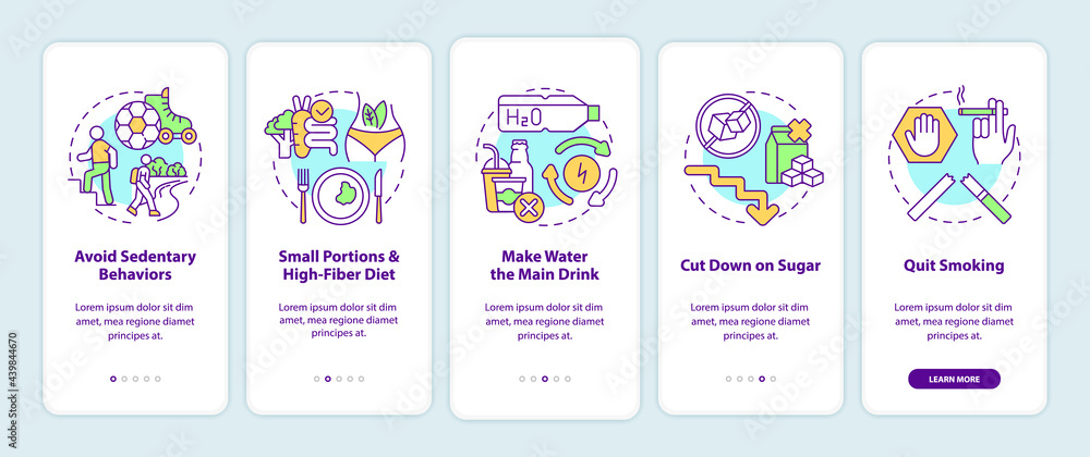 Diabetes prevention tips onboarding mobile app page screen. Meal portion walkthrough 5 steps graphic instructions with concepts. UI, UX, GUI vector template with linear color illustrations Diabetes prevention tips onboarding mobile app page screen. Meal portion walkthrough 5 steps graphic instructions with concepts. UI, UX, GUI vector template with linear color illustrations