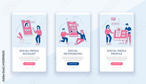 Creation of social web accounts. Communication and business in social networks and groups. Male and female characters create and promote personal digital profile. Vector mobile flat linear banner