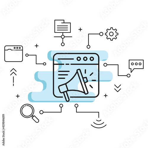 Digital Marketing campaign concept, Browser with Megaphone vector glyph icon design, Cloud computing and Internet hosting services Symbol on White background