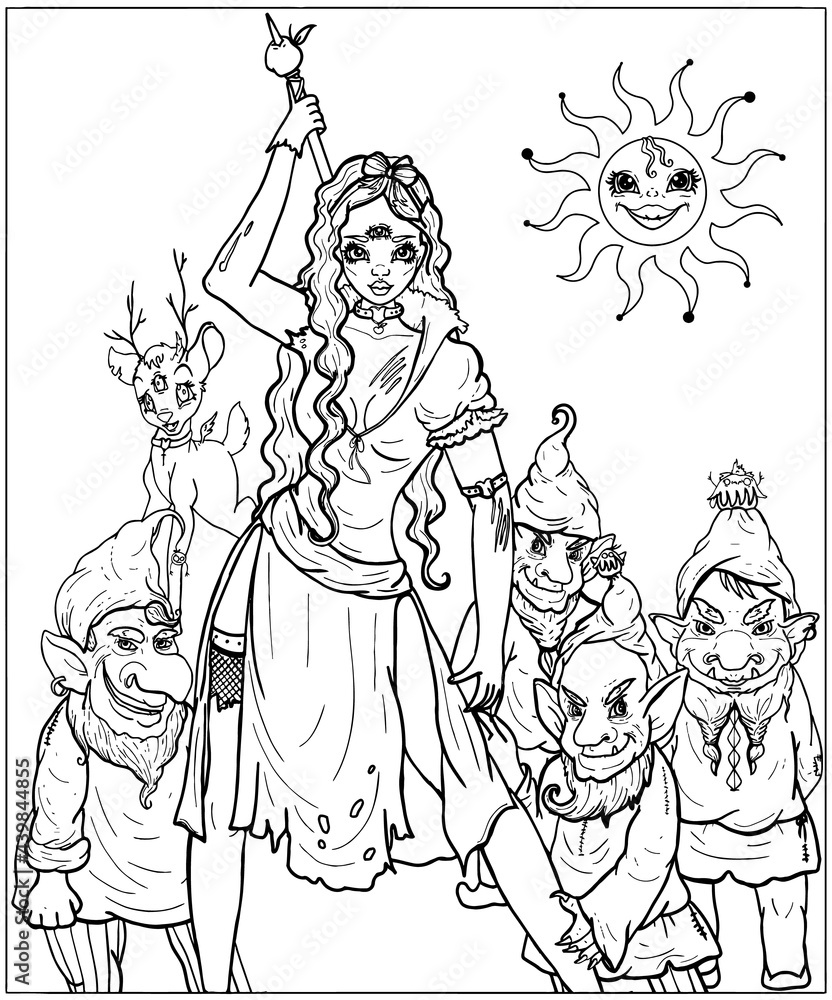 Horror cartoon characters, a gang of robbers, fairytale evil gnomes in caps with a beard and pointed ears, and a warlike girl with long hair and bow-knot on a head, in torn clothes and a spear. Horror cartoon characters, a gang of robbers, fairytale evil gnomes in caps with a beard and pointed ears, and a warlike girl with long hair and bow-knot on a head, in torn clothes and a spear.