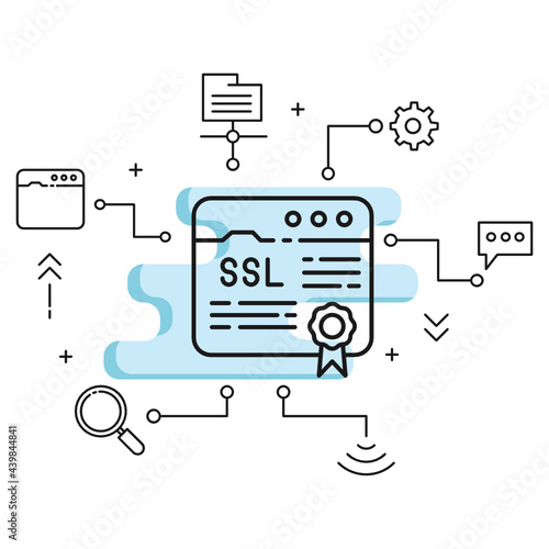 Secure Sockets Layer Certificate Concept, Secure Data Transmission between Server and Client Browser Vector Icon Design, Cloud Hosting and Web services Symbol on White background, Safe Browsing Sign