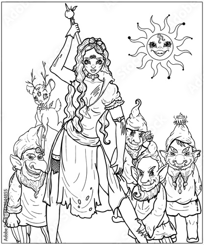 Horror cartoon characters, a gang of robbers, fairytale evil gnomes in caps with a beard and pointed ears, and a warlike girl with long hair and bow-knot on a head, in torn clothes and a spear.