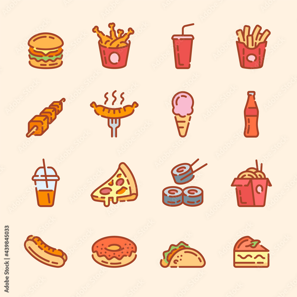 Set of fast food and drink color outline icons. Meal and beverage vector illustration. Set of fast food and drink color outline icons. Meal and beverage vector illustration.
