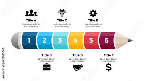 Pencil infographic. Educational 3D concept. Six options diagram. Vector slide template. Creative colorful illustration.  photo