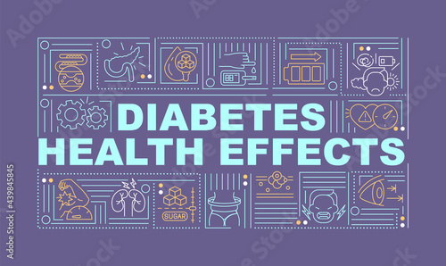 Diabetes health effects word concepts banner. Illness results. Infographics with linear icons on purple background. Isolated creative typography. Vector outline color illustration with text