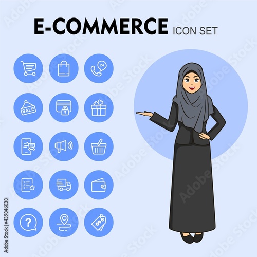 Muslim arab business woman with shopping icon set. vector illustration.