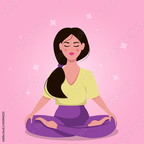 girl meditates on a pink background