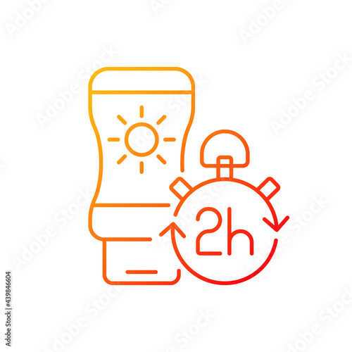 Apply sunscreen every 2 hours gradient linear vector icon. Sunblock lotion application tip. Cream for sunburn. Thin line color symbols. Modern style pictogram. Vector isolated outline drawing