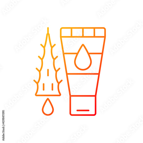 Using moisturizing lotion gradient linear vector icon. Gel with aloe vera oil for sunburn treatment. Thin line color symbols. Modern style pictogram. Vector isolated outline drawing