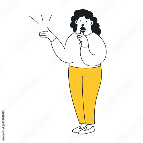 Speech, talk, or presentation. A cute cartoon woman standing with a microphone and talks about something. Opinion leader, influencer, trainer.