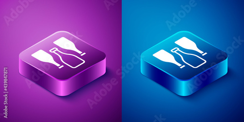 Isometric Bottles of wine icon isolated on blue and purple background. Square button. Vector