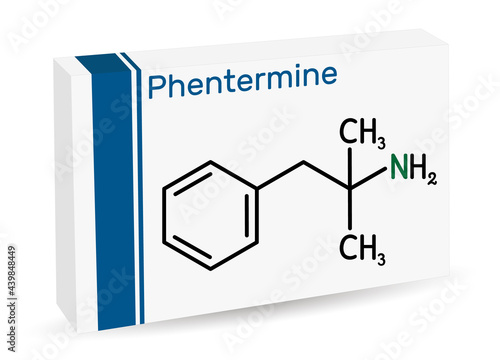 Phentermine, molecule. It is natural monoamine alkaloid derivative, sympathomimetic stimulant with appetite suppressant property. Paper packaging for drugs photo