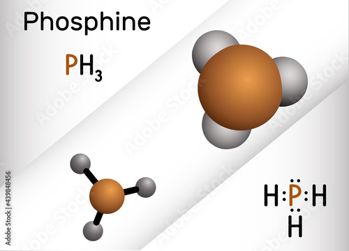 Phosphine, phosphane, PH3 molecule. It is pnictogen hydride, insecticide, used in manufacture of flame retardants and incendiaries. Structural chemical formula and molecule model