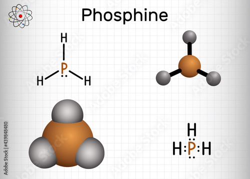 Phosphine, phosphane, PH3 molecule. It is pnictogen hydride, insecticide, used in manufacture of flame retardants and incendiaries. Sheet of paper in a cage
