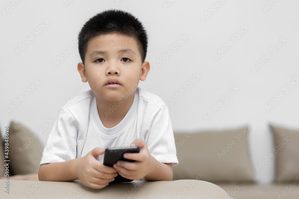 Happy little boy having fun playing game on mobile phone, Preschool kid sitting on sofa with smiling face watching cartoon on smartphone, Child using cell phone while relaxing at home Happy little boy having fun playing game on mobile phone, Preschool kid sitting on sofa with smiling face watching cartoon on smartphone, Child using cell phone while relaxing at home