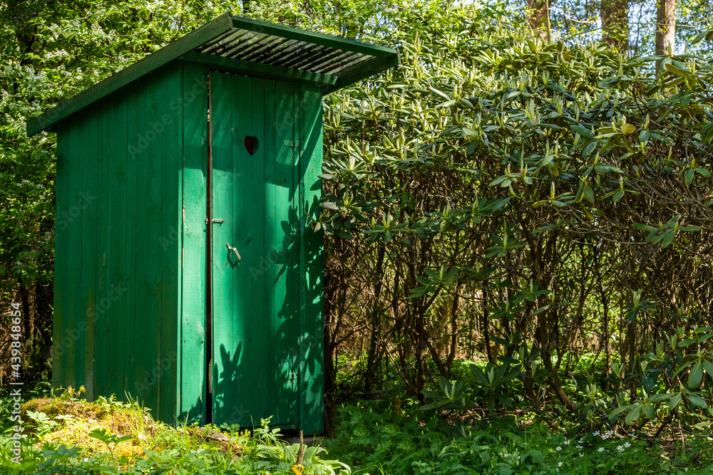 Green timber frame outhouse with heart shape hole in door. Rustic wooden latrine among green vegetation. Dry outside toilet close to non blooming rhododendron bush. Green wood jakes hided among bushes - obrazy, fototapety, plakaty 