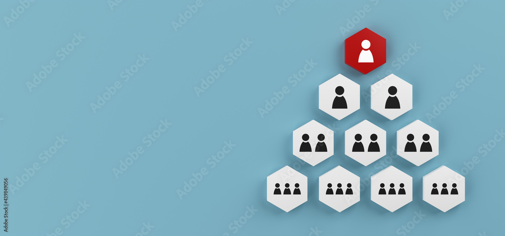 Human resource development and teamwork concept. Pyramid white cubes honeycomb with people icon, top red cube leader, blue background. 3D rendering. Human resource development and teamwork concept. Pyramid white cubes honeycomb with people icon, top red cube leader, blue background. 3D rendering.