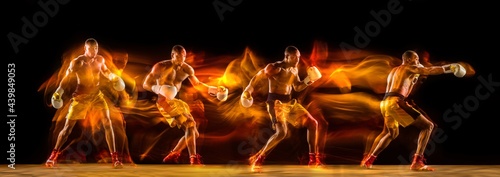 Professional african-american boxer training on black studio background in mixed light. with strobe, reflection, mirror effect. Collage. © master1305
