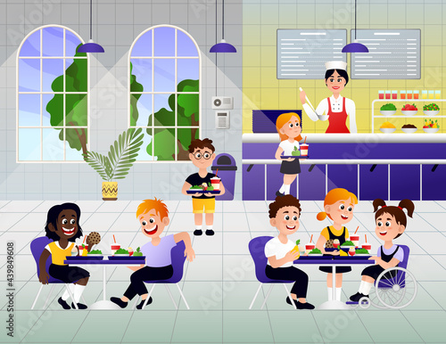 Cartoon kids eating breakfast at school. A vector illustration of elementary students eating lunch in cafeteria