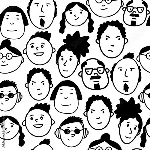Hand drawn doodle vector diversity people faces. Black and white funny different emotions smiley faces.