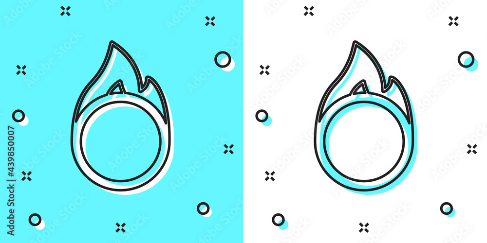 Black line Circus fire hoop icon isolated on green and white background. Ring of fire flame. Round fiery frame. Random dynamic shapes. Vector Black line Circus fire hoop icon isolated on green and white background. Ring of fire flame. Round fiery frame. Random dynamic shapes. Vector