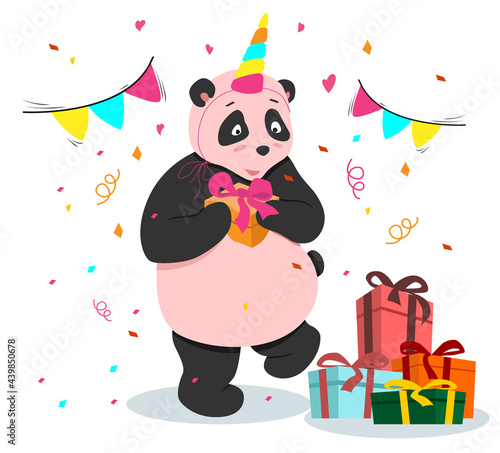 Pink panda rejoices and hugs gifts. You can use for t-shirt  sticker and mascot design. Colorful cartoon vector illustration.