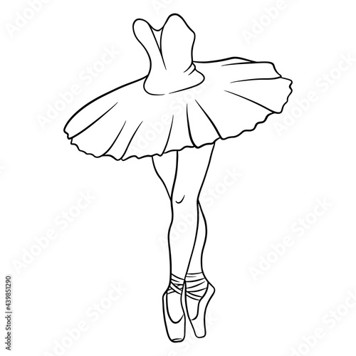 Ballet. Ballerina's legs in a tutu and pointe. Line art.