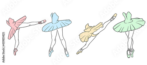 Ballet set. Ballerina in pointe shoes and a tutu. Dancer's legs. Line art.