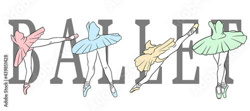 Ballet set. Ballerina in pointe shoes and a tutu. Dancer's legs. Line art.