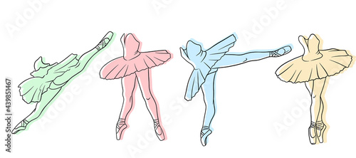 Ballet set. Ballerina in pointe shoes and a tutu. Dancer's legs. Line art.