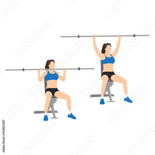 Woman doing Barbell shoulder press. overhead press exercise. Flat vector illustration isolated on white background