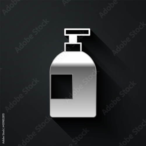 Silver Dishwashing liquid bottle icon isolated on black background. Liquid detergent for washing dishes. Long shadow style. Vector