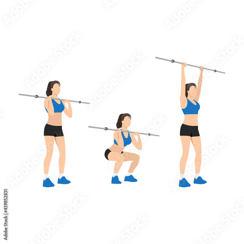 Woman doing Barbell push and press exercise. Flat vector illustration isolated on white background