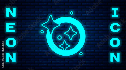 Glowing neon Washing dishes icon isolated on brick wall background. Cleaning dishes icon. Dishwasher sign. Clean tableware sign. Vector