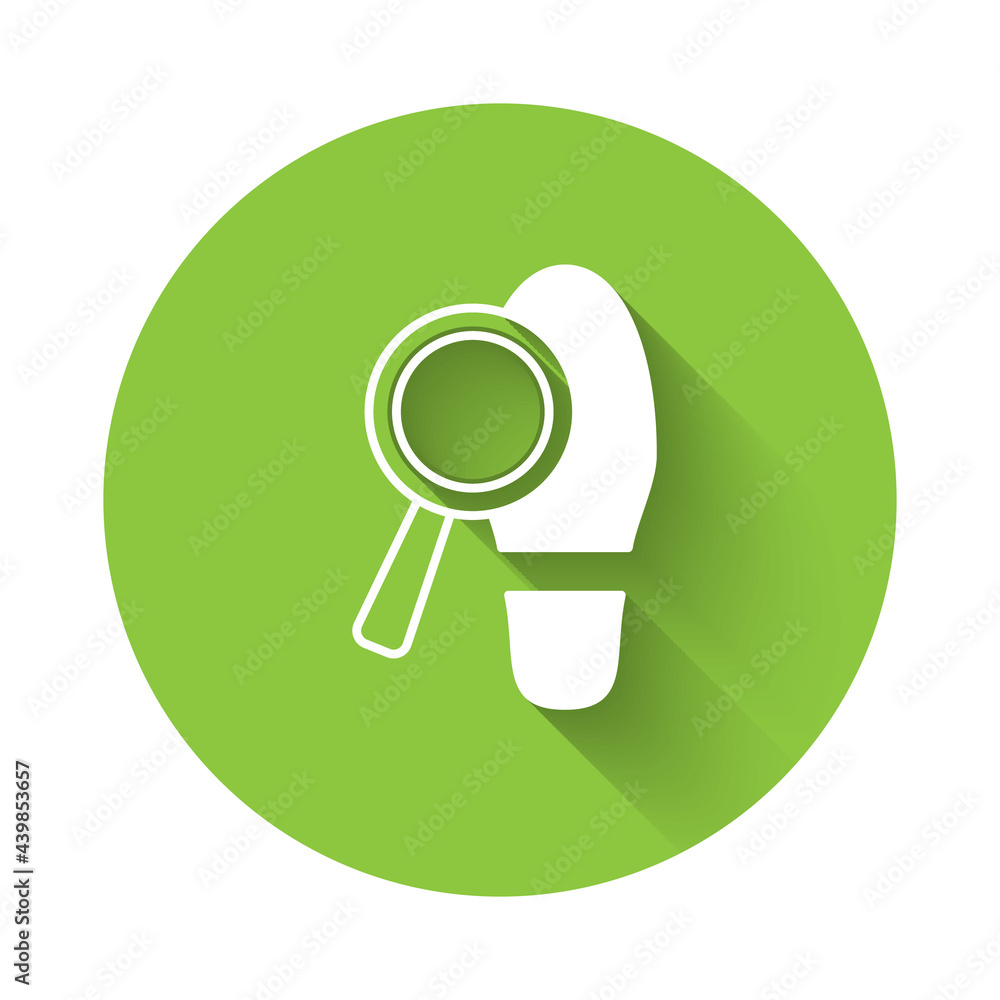 White Magnifying glass with footsteps icon isolated with long shadow background. Detective is investigating. To follow in the footsteps. Green circle button. Vector White Magnifying glass with footsteps icon isolated with long shadow background. Detective is investigating. To follow in the footsteps. Green circle button. Vector