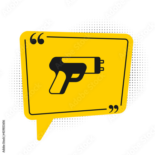 Black Police electric shocker icon isolated on white background. Shocker for protection. Taser is an electric weapon. Yellow speech bubble symbol. Vector