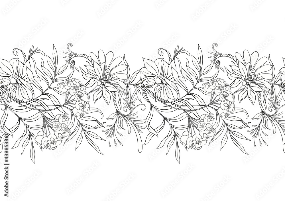 Fototapeta premium Seamless pattern, background with decorative flowers in art nouveau style, vintage, old, retro style. Vector illustration.