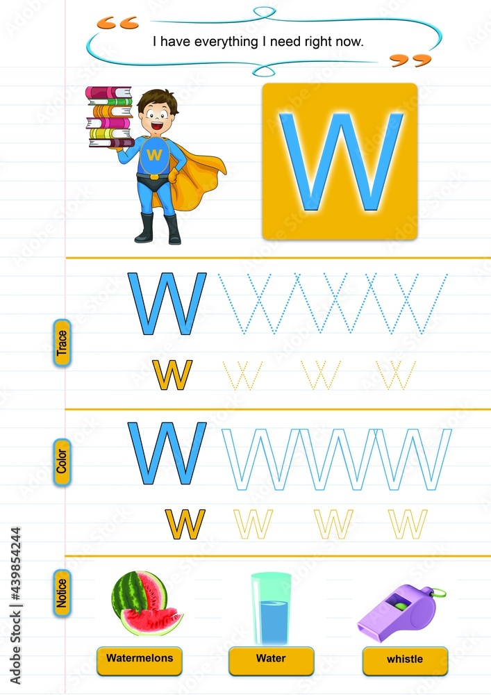 Letter W.Learn Alphabet letters and coloring graphics printable worksheets for preschool and ...