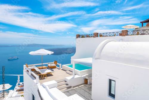 Greece Santorini island panoramic view of the sea, above oia in  caldera with rooftops of whitewashed houses with sea background in Cyclades photo