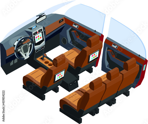 3D isometric car interior isolated on white background.