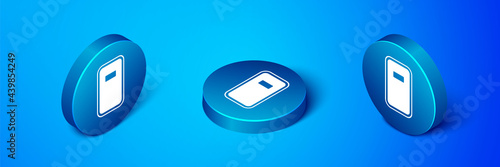 Isometric Police assault shield icon isolated on blue background. Blue circle button. Vector