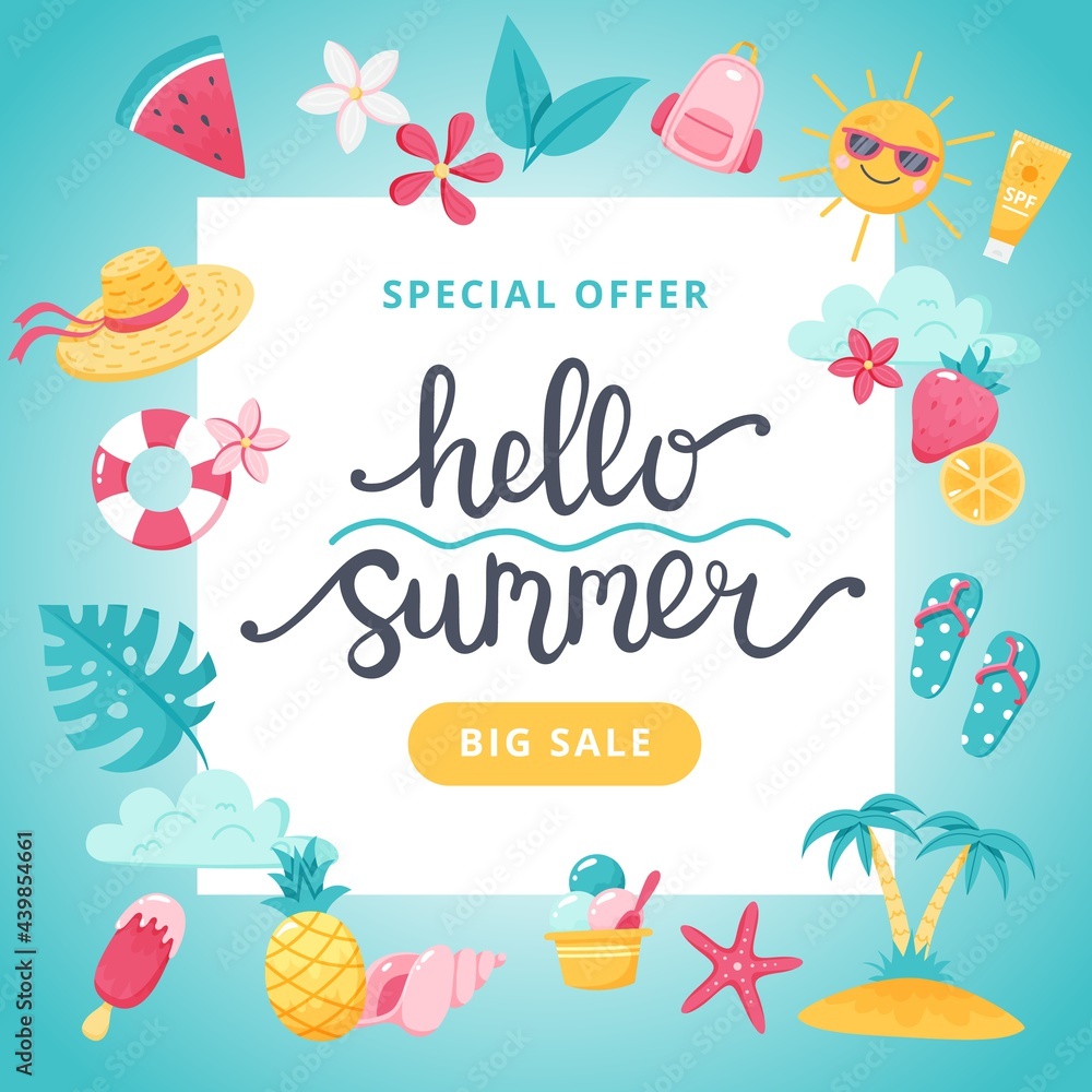 Summer sale banner. Hand drawn lettering and cute cartoon elements. Vector illustration Summer sale banner. Hand drawn lettering and cute cartoon elements. Vector illustration