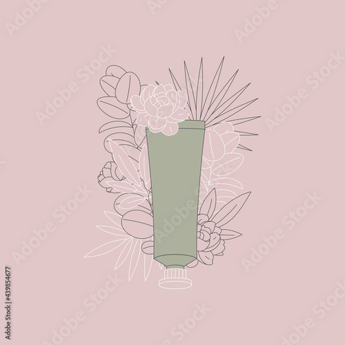 Botanical cosmetic composition. Organic cosmetic floral lineart. 