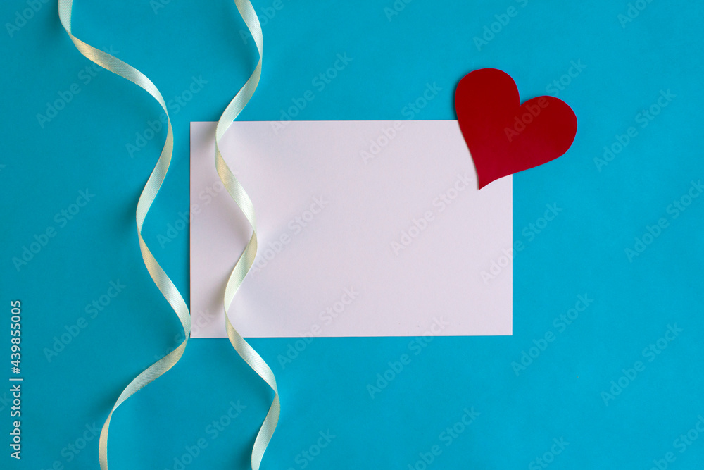 Love letter mockup on a blue background. Greeting card with red heart space  for text or design. Festive concept for Valentine or birthday Stock Photo |  Adobe Stock