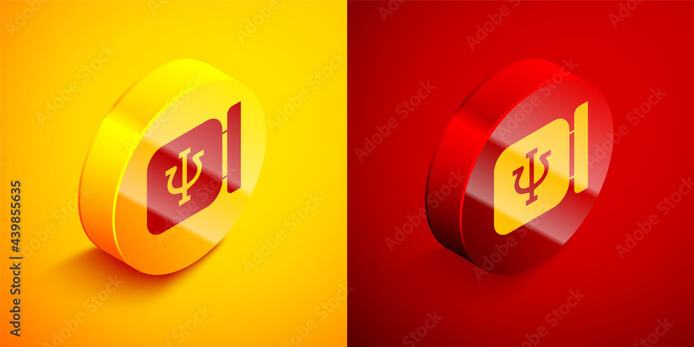 Isometric Psychology icon isolated on orange and red background. Psi symbol. Mental health concept, psychoanalysis analysis and psychotherapy. Circle button. Vector Isometric Psychology icon isolated on orange and red background. Psi symbol. Mental health concept, psychoanalysis analysis and psychotherapy. Circle button. Vector