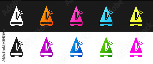 Set Classic Metronome with pendulum in motion icon isolated on black and white background. Equipment of music and beat mechanism. Vector