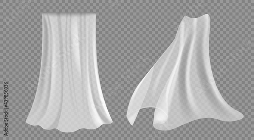 Set of isolated curtain, tulle on transparent. White curtains, transparent tulle for a door or window opening.
