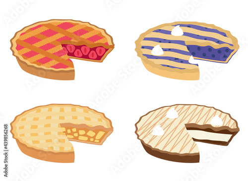 Vector set of pie. Cherry, bleuberry, apple and peach pie drawing. Hand drawn slice of traditional American baked dessert.
