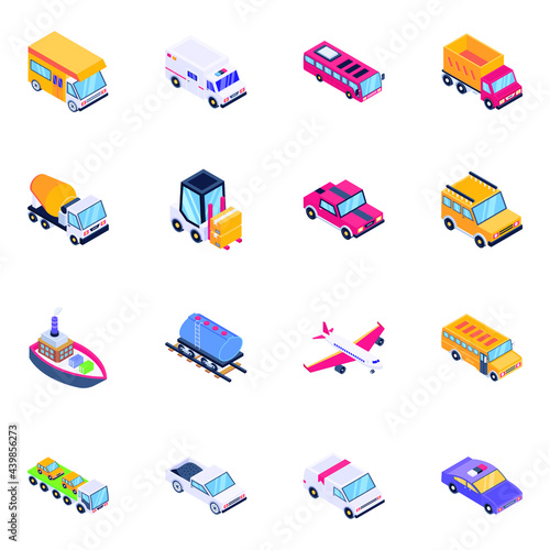 Pack of Transport and Vehicles Isometric Icons 

